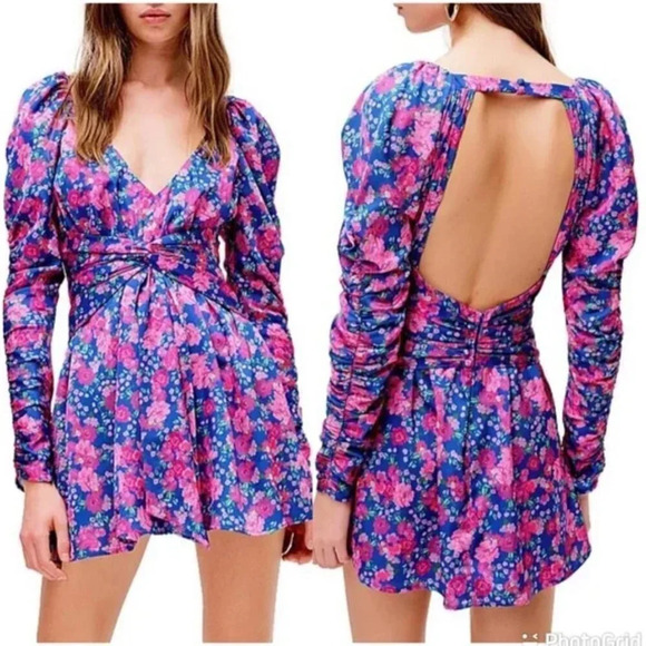 For Love & Lemons Puff Sleeve Open Back Annie Mini Dress Blue  Pink Floral Sz S - Picture 2 of 11